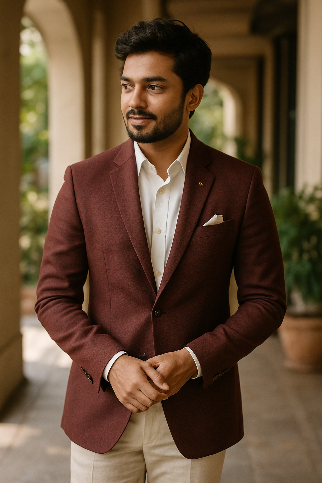 A man in a maroon blazer with a light shirt and cream trousers, standing in a stylish setting.