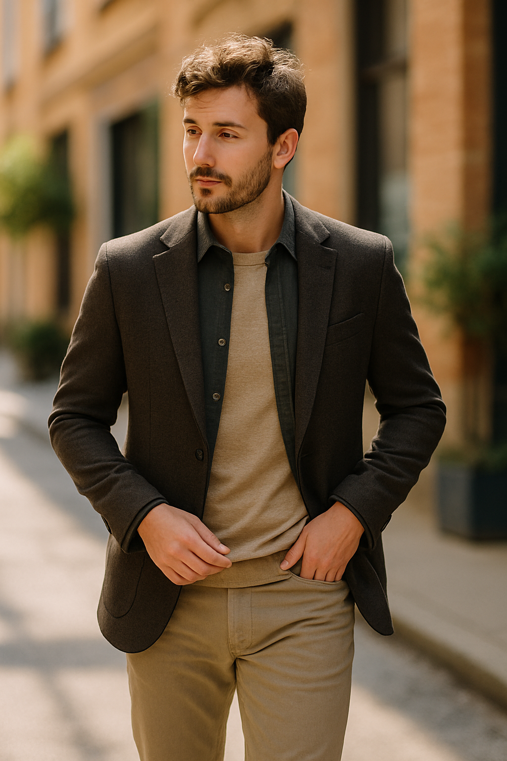 A stylish man wearing a blazer over a casual outfit, showcasing a modern look.