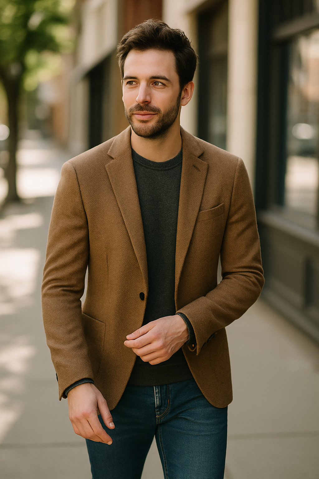 A man walking outdoors in a brown blazer over a dark sweater and jeans.