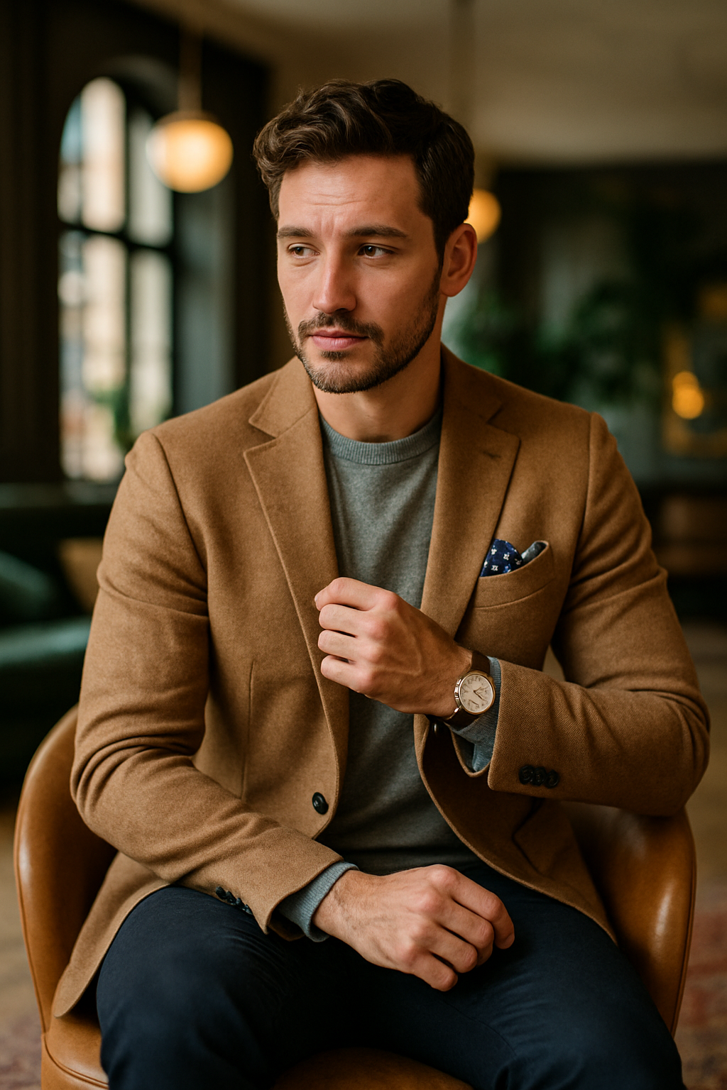 A man wearing a brown blazer over a gray sweater, accessorized with a pocket square and a watch, sitting in a cozy environment.