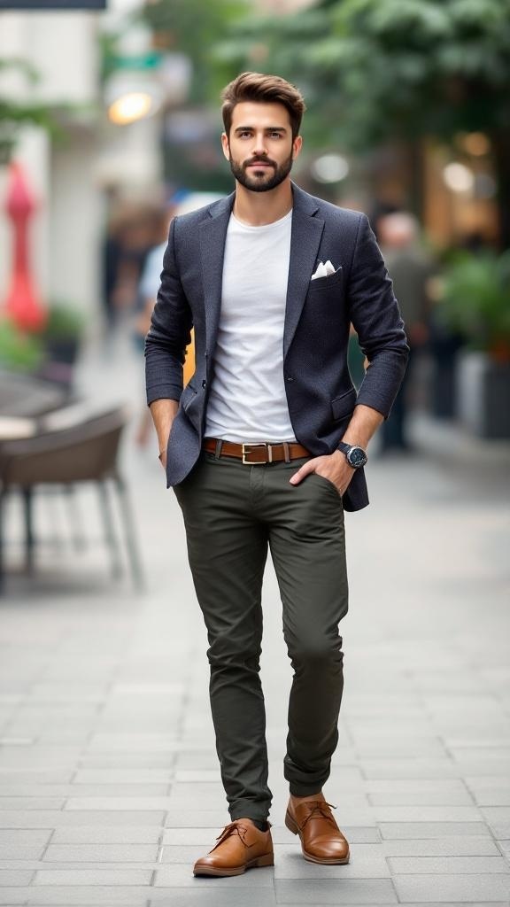 A man wearing a navy blazer over a white t-shirt, olive green pants, and brown shoes, walking in a casual setting.