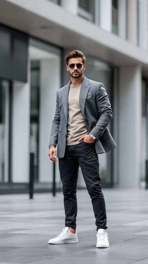 A man wearing a gray blazer, beige top, black pants, and white sneakers, standing confidently outdoors.