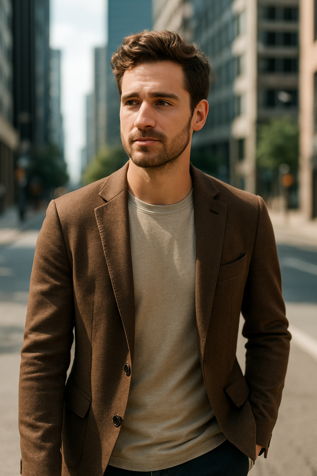 A man wearing a brown blazer over a light grey T-shirt, standing confidently on a city street.