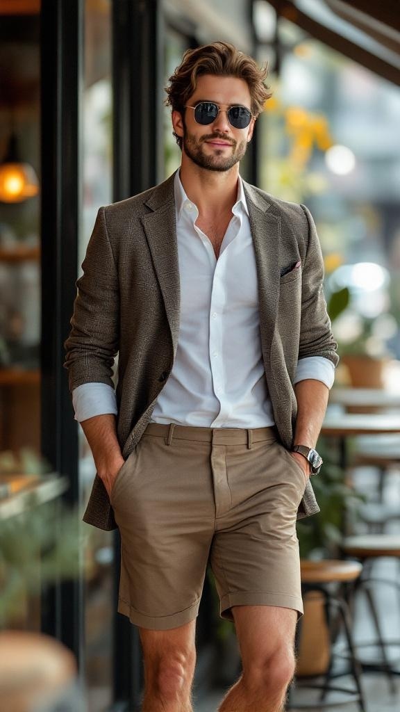 A man wearing a blazer with tailored shorts, sunglasses, and a watch, standing confidently.