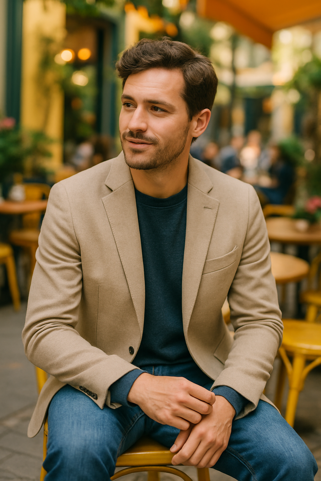 Hombre sentado en una cafetería, vistiendo un blazer beige y camiseta azul.