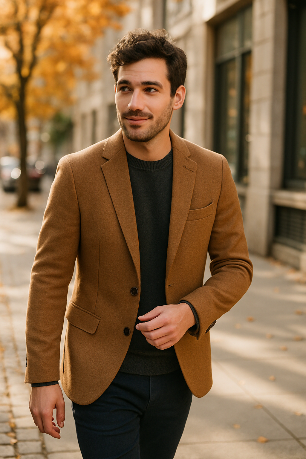 Hombre caminando por la calle con un blazer marrón y suéter oscuro, rodeado de árboles con hojas de otoño.