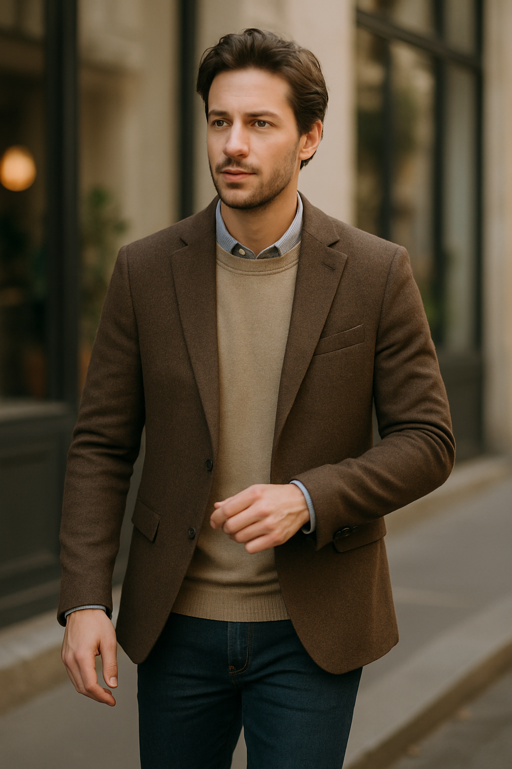 Hombre caminando con un blazer marrón, suéter claro y camisa de cuadros.