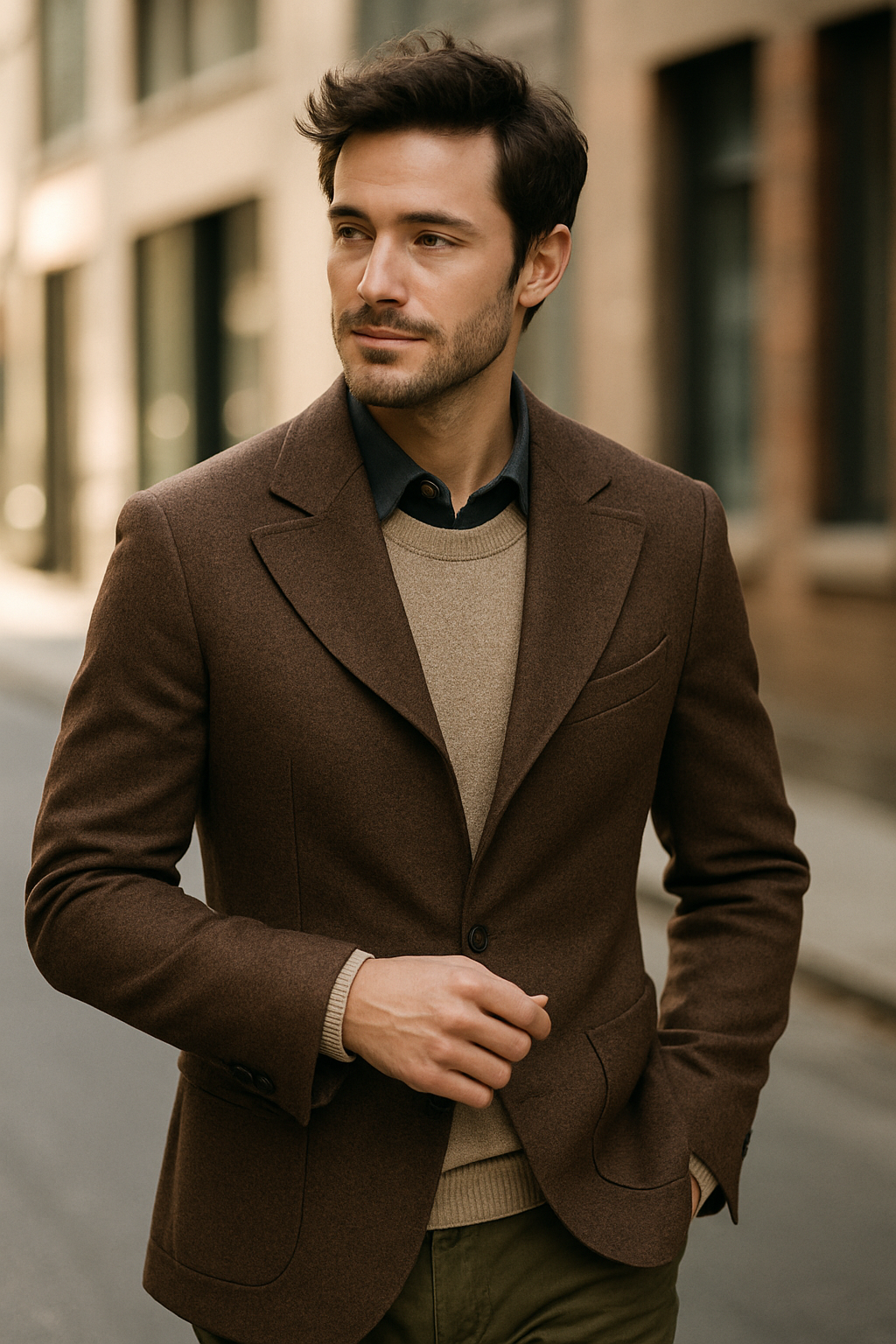 A man wearing a brown blazer with unique lapels, paired with a casual sweater.