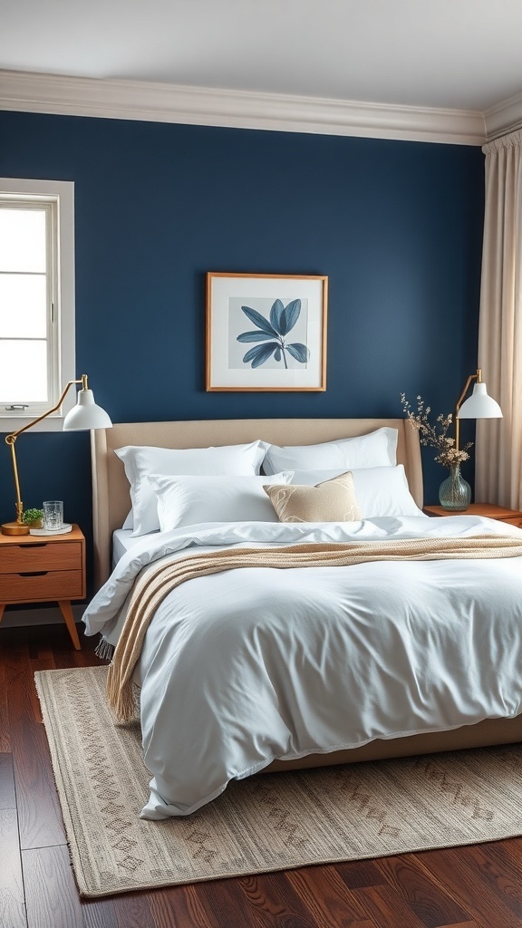 A romantic bedroom featuring blended indigo walls and soft white bedding, with warm wood accents.