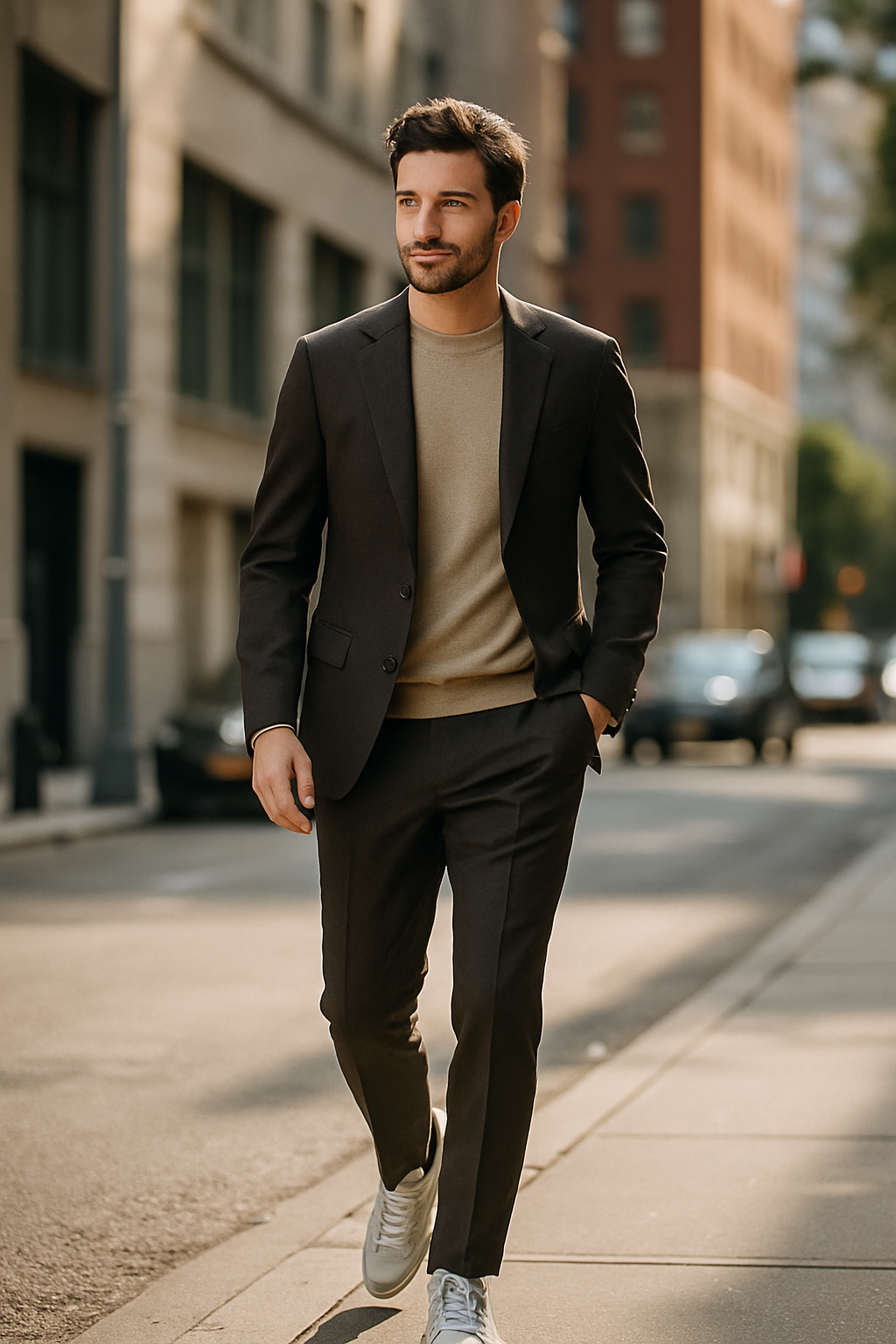 A man walking in a tailored suit with sneakers on a city street.