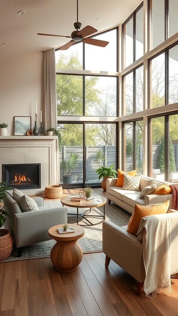 Cozy living room with large windows, comfortable seating, and a fireplace, blending indoor and outdoor elements.