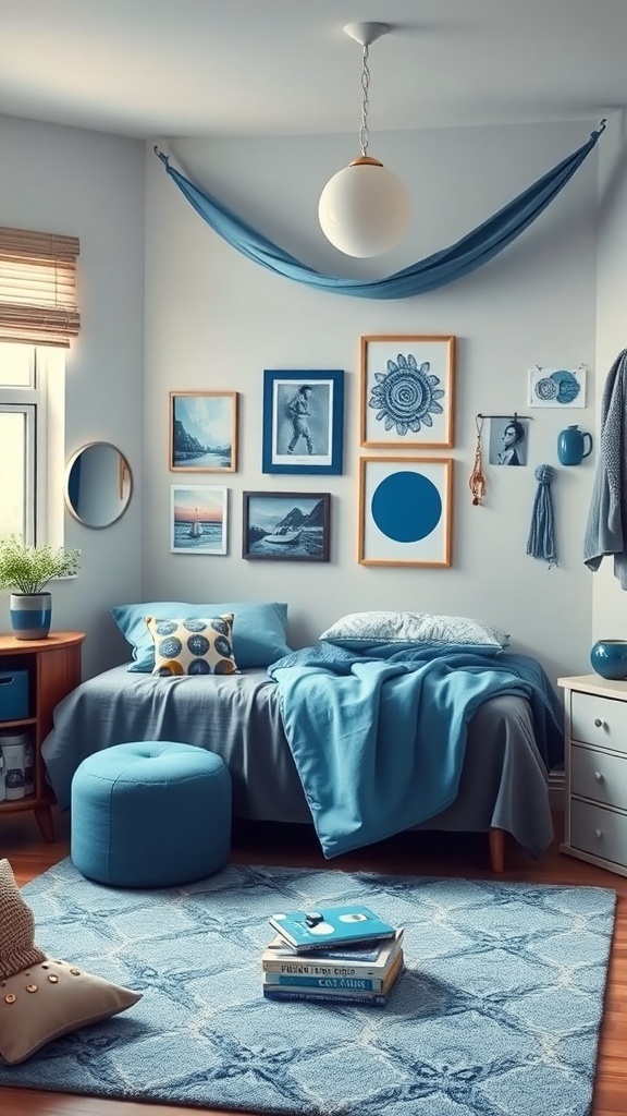 A light blue dorm room featuring a bed with blue bedding, a blue pouf, and blue-themed wall art.