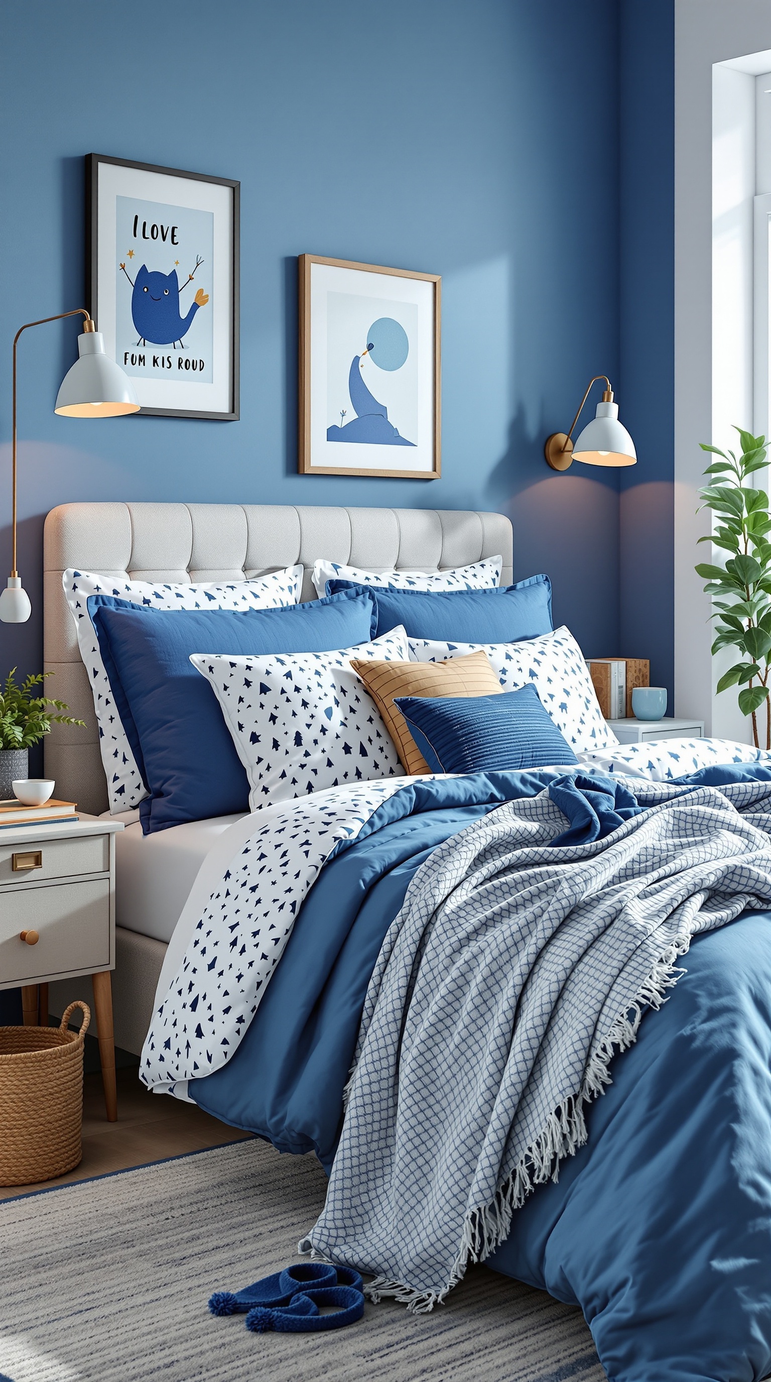 A cozy blue-themed kids room with various shades of blue bedding, patterned pillows, and playful decor.