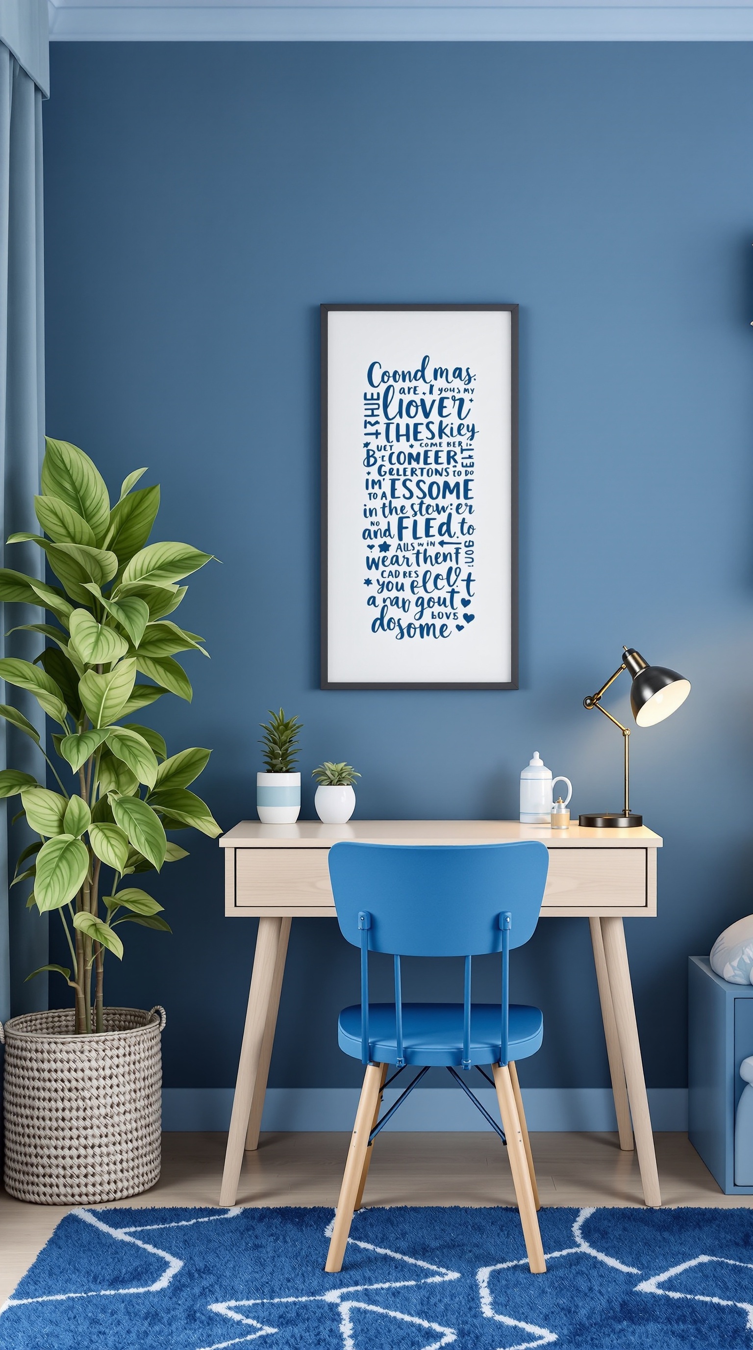 A blue kids room featuring a blue chair, a light wood desk, and decorative plants.