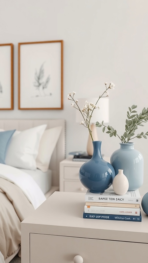 A blue and cream themed bedroom with decorative accessories on a bedside table, featuring vases, flowers, and stacked books.