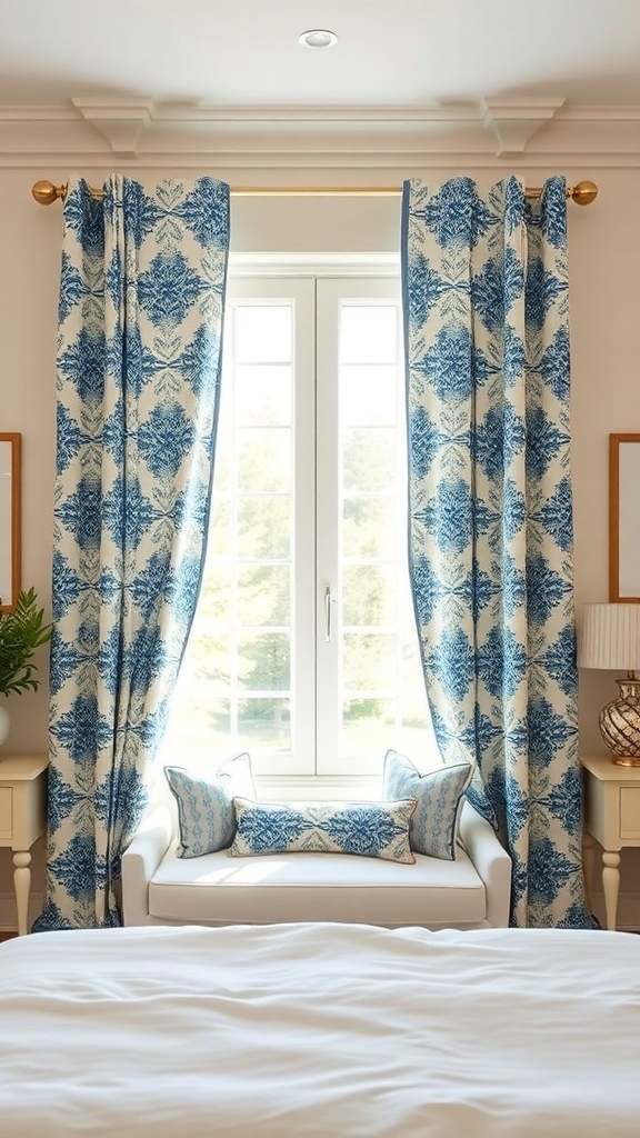 Blue and cream patterned curtains in a bright bedroom