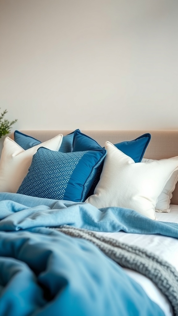 A collection of blue and cream throw pillows on a bed, showcasing various shapes and textures.