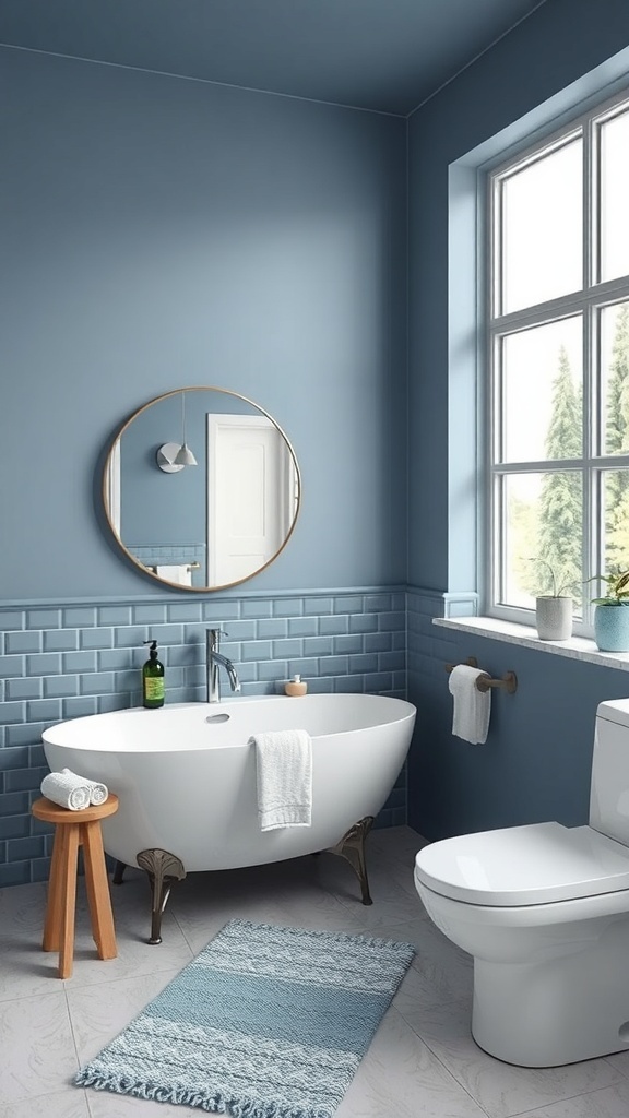 A stylish bathroom featuring a blue and gray color palette with a freestanding bathtub, round mirror, and natural light.