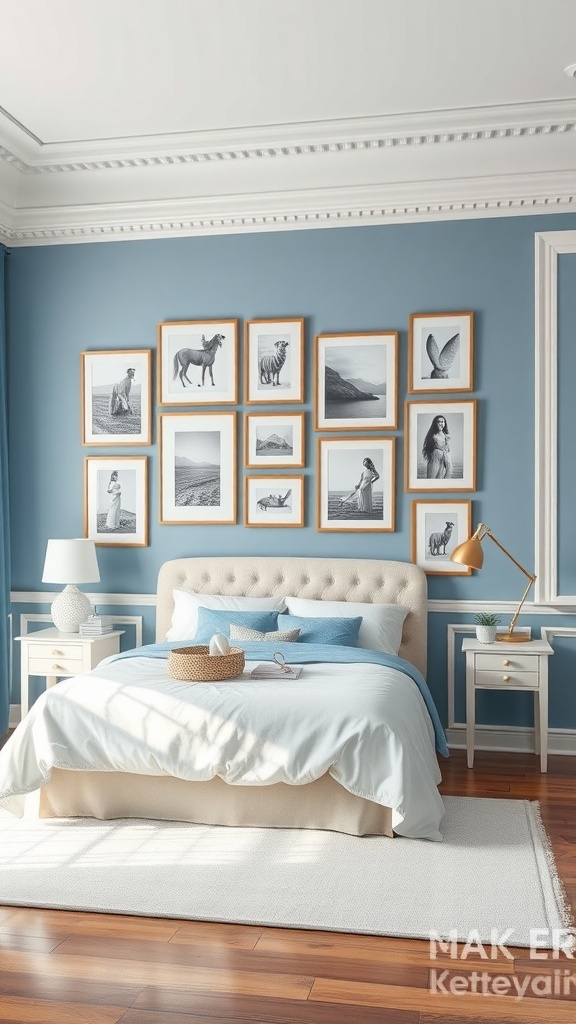 A blue and white bedroom featuring a gallery wall with framed black-and-white photos.