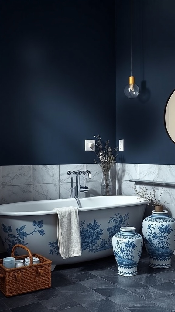 A dark blue bathroom featuring a freestanding bathtub with blue and white floral porcelain decor, a woven basket, and elegant lighting.