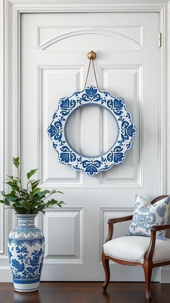 A blue and white porcelain wreath hanging on a door, with a matching vase and chair in the background.