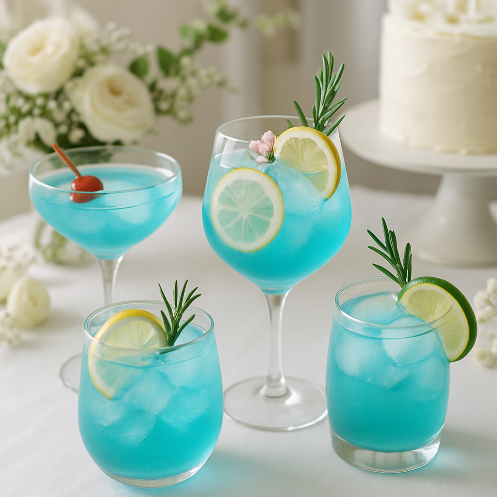 Colorful blue cocktails with garnishes on a table, perfect for a bridal shower.
