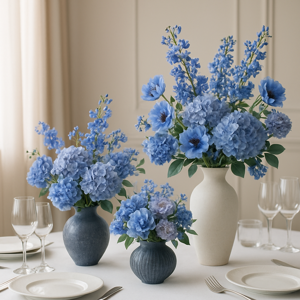 Blue floral centerpieces with various blue flowers in different vases on a table