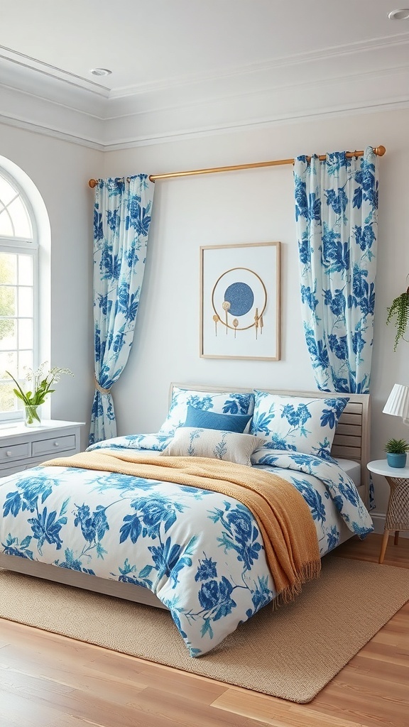 A bright blue floral patterned bedroom with a cozy bed, curtains, and decorative elements.