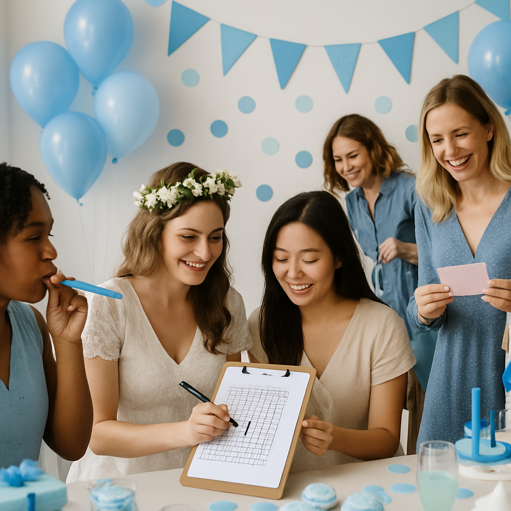 A group of friends at a blue-themed bridal shower, engaging in activities and enjoying treats.