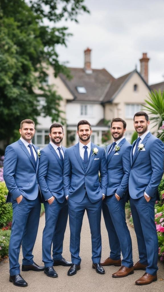 Group of groomsmen in blue suits standing together outside