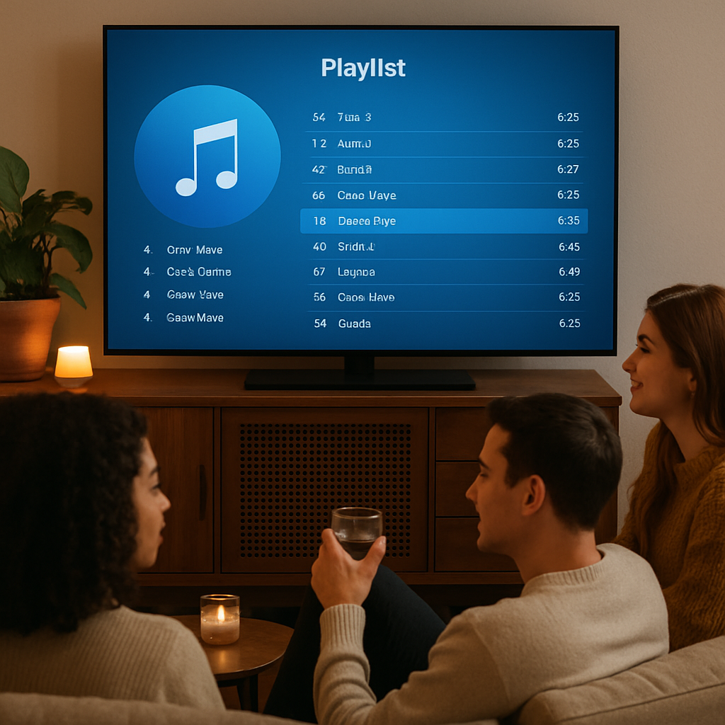 A cozy gathering with friends enjoying a music playlist displayed on a TV screen.