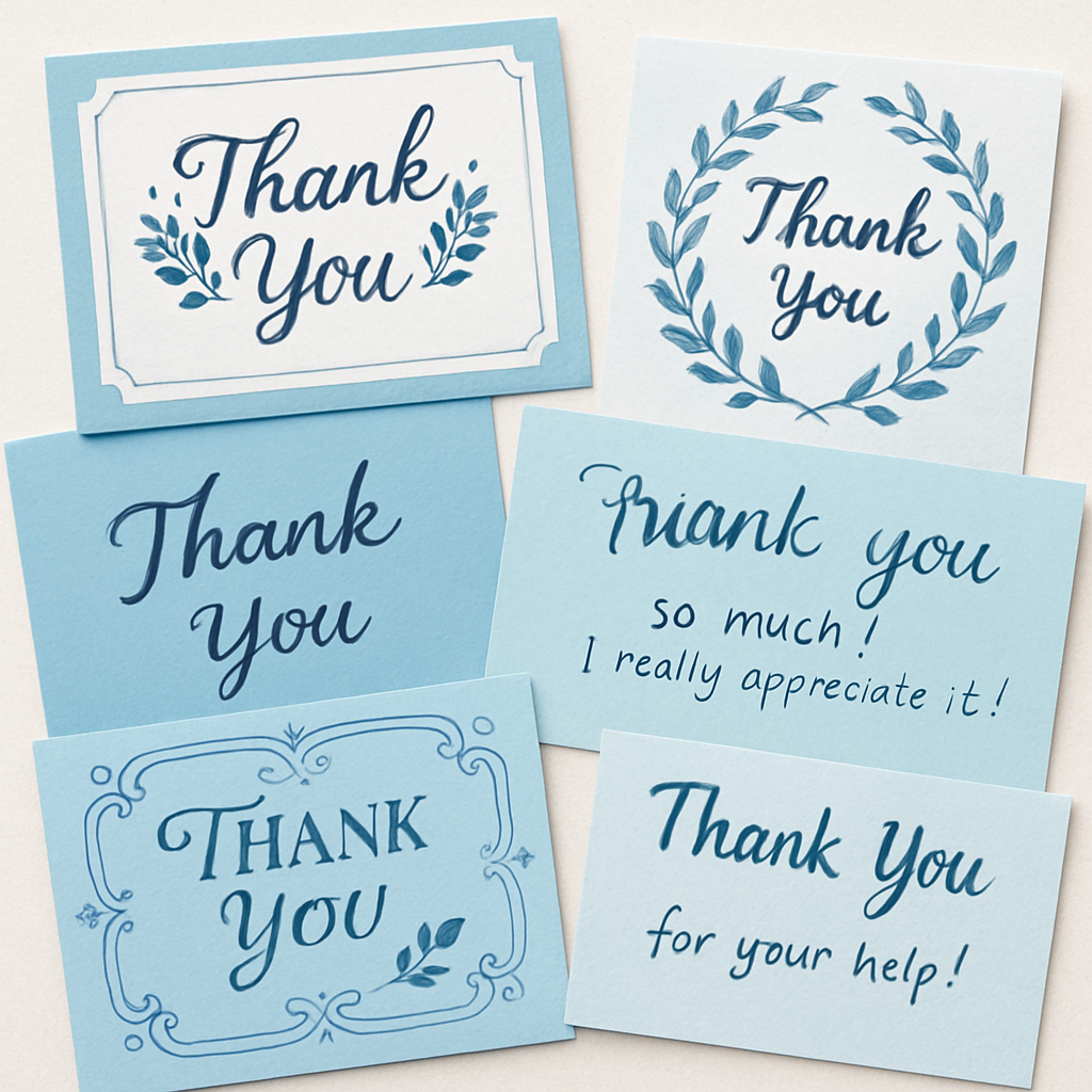 A collection of blue themed thank you cards with various designs and messages.
