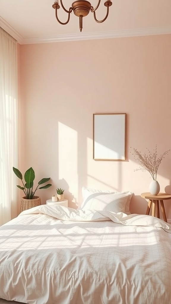 A cozy bedroom with blush pink walls, a neatly made bed, and plants in the corner.