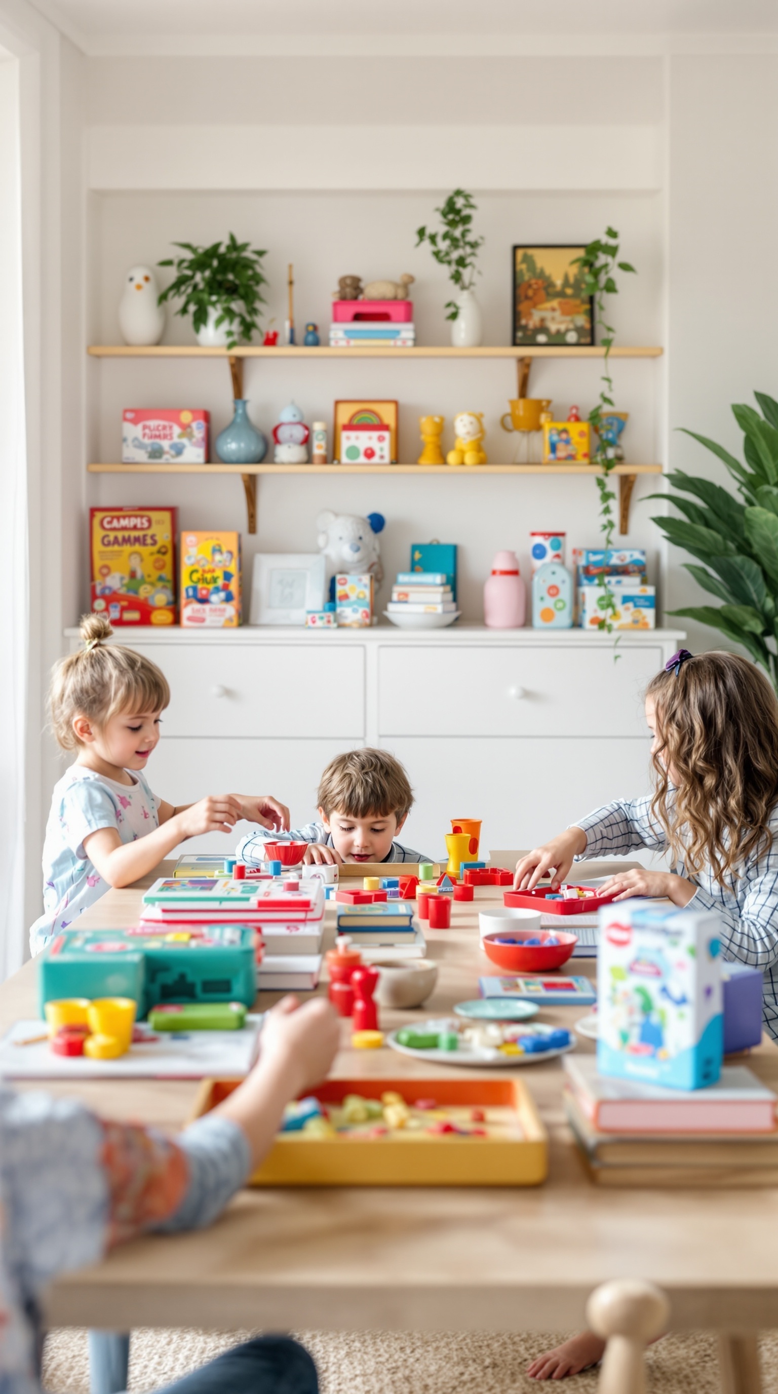 Children playing with board games and puzzles at a table in a bright room.