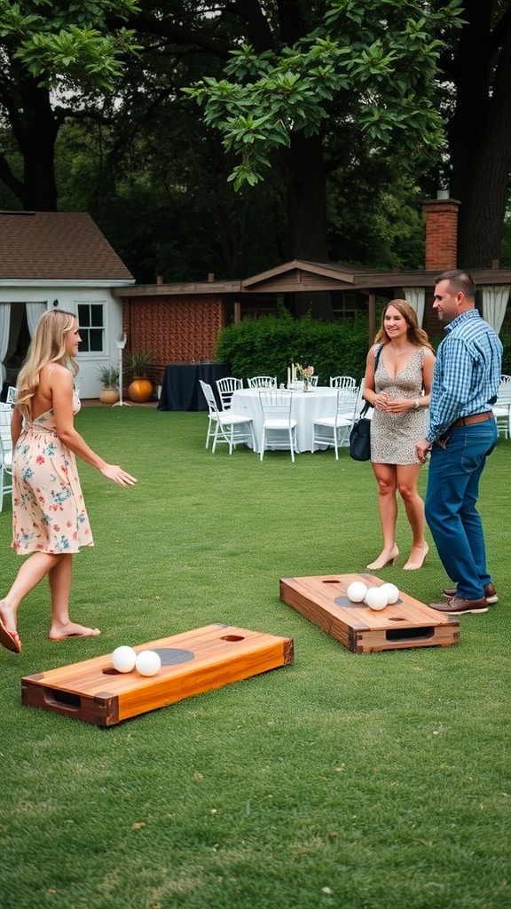 Guests enjoying a bocce ball tournament at a backyard wedding