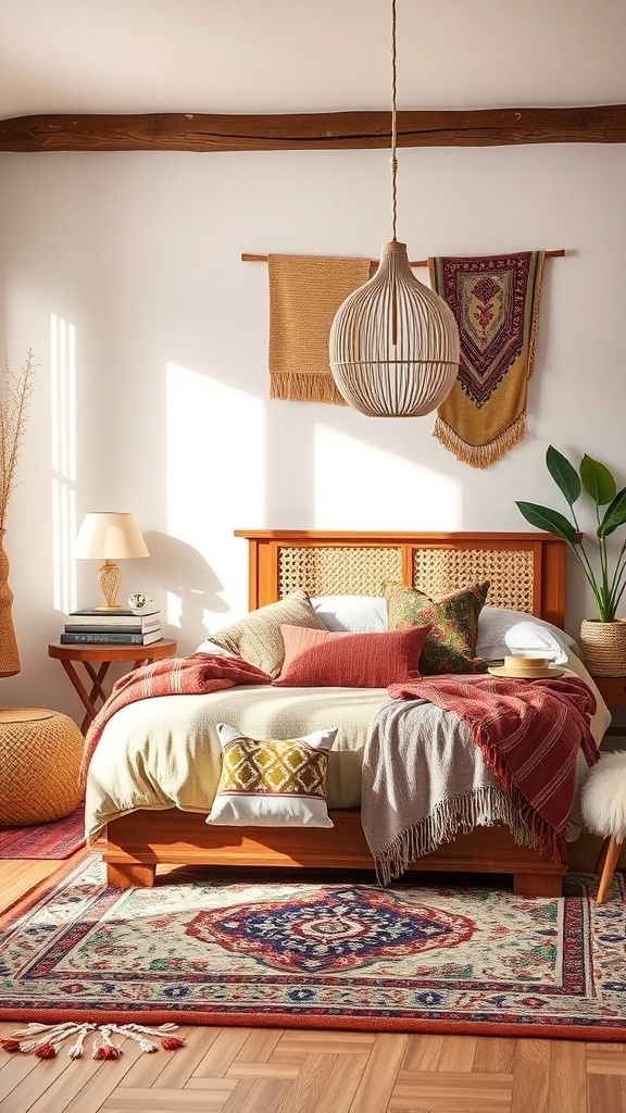 A cozy bedroom with bohemian-inspired textiles, featuring layered blankets, decorative pillows, and woven wall hangings.