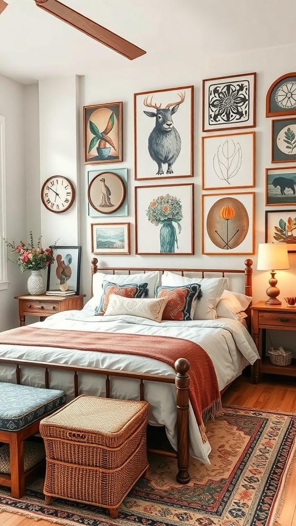 A cozy boho farmhouse bedroom with a gallery wall of various framed artworks.
