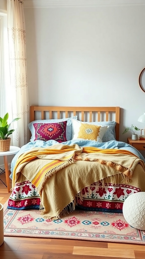 A cozy bohemian styled bedroom featuring a wooden bed with colorful bedding and decorative pillows.