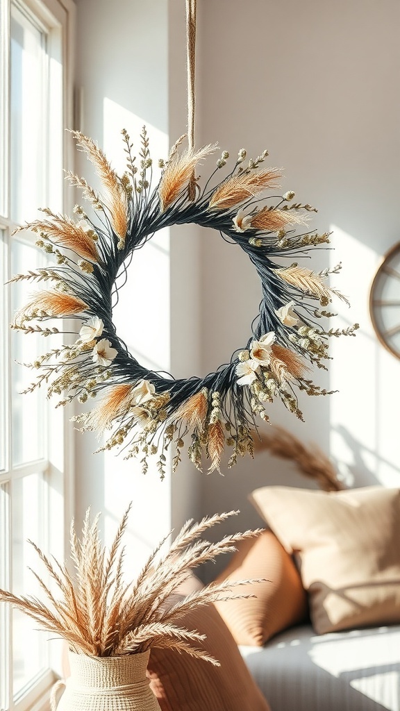 A bohemian black dried flower wreath hanging in a bright room with dried flowers and soft furnishings.