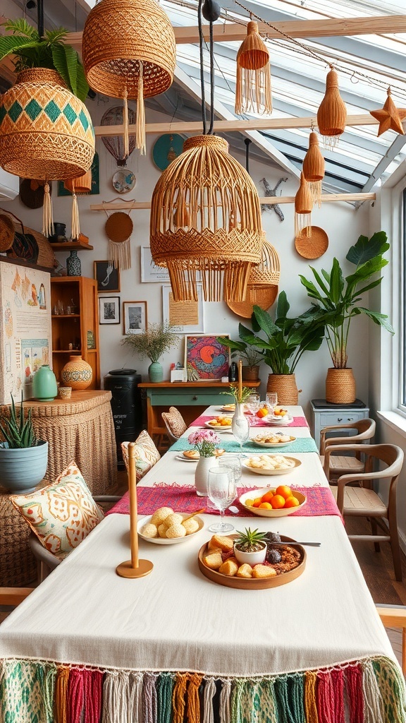 A beautiful bohemian-style brunch setting with colorful tassels and woven decor, featuring a long table filled with fruits and pastries.