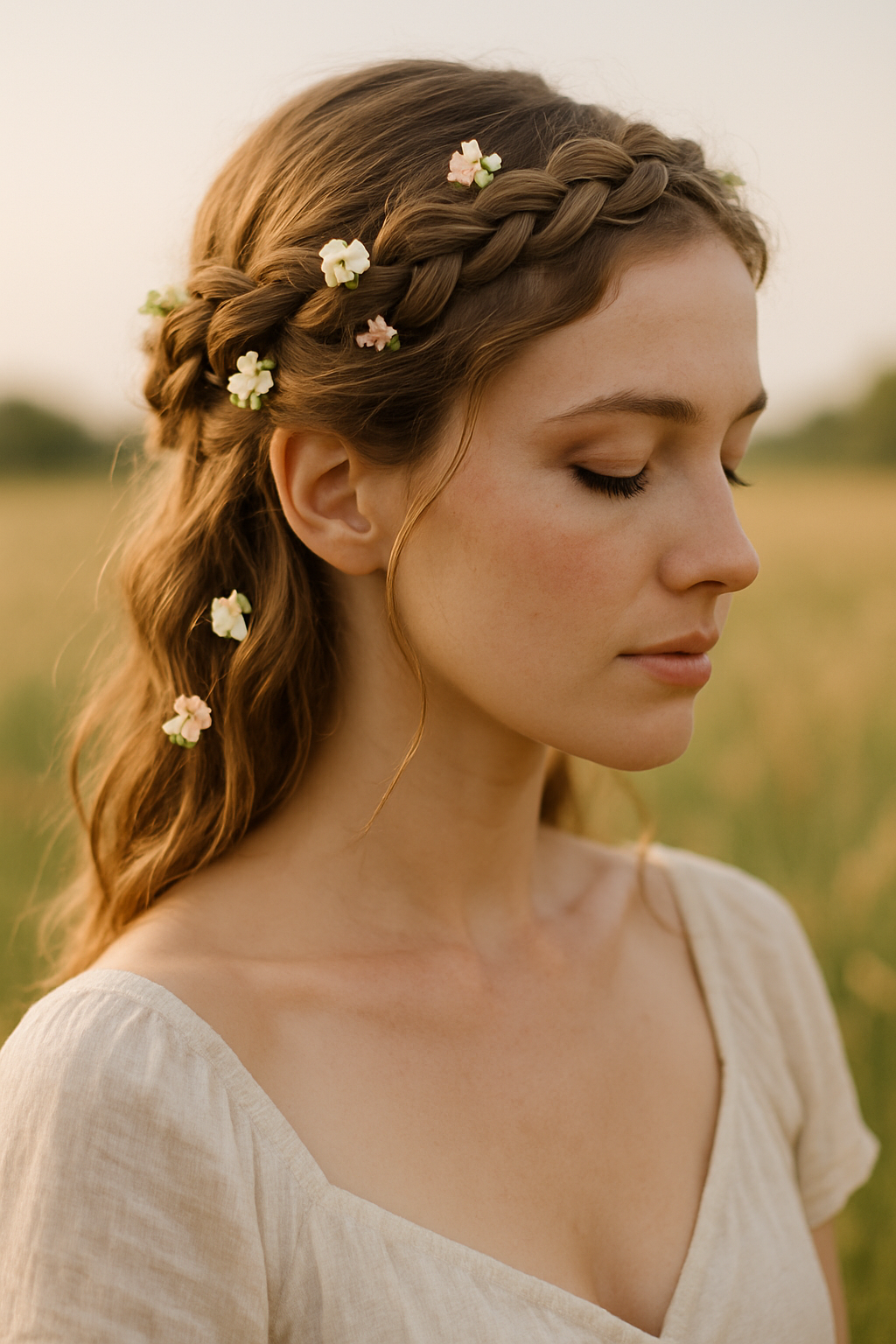 A woman with a braided crown hairstyle adorned with flowers, standing in a field.