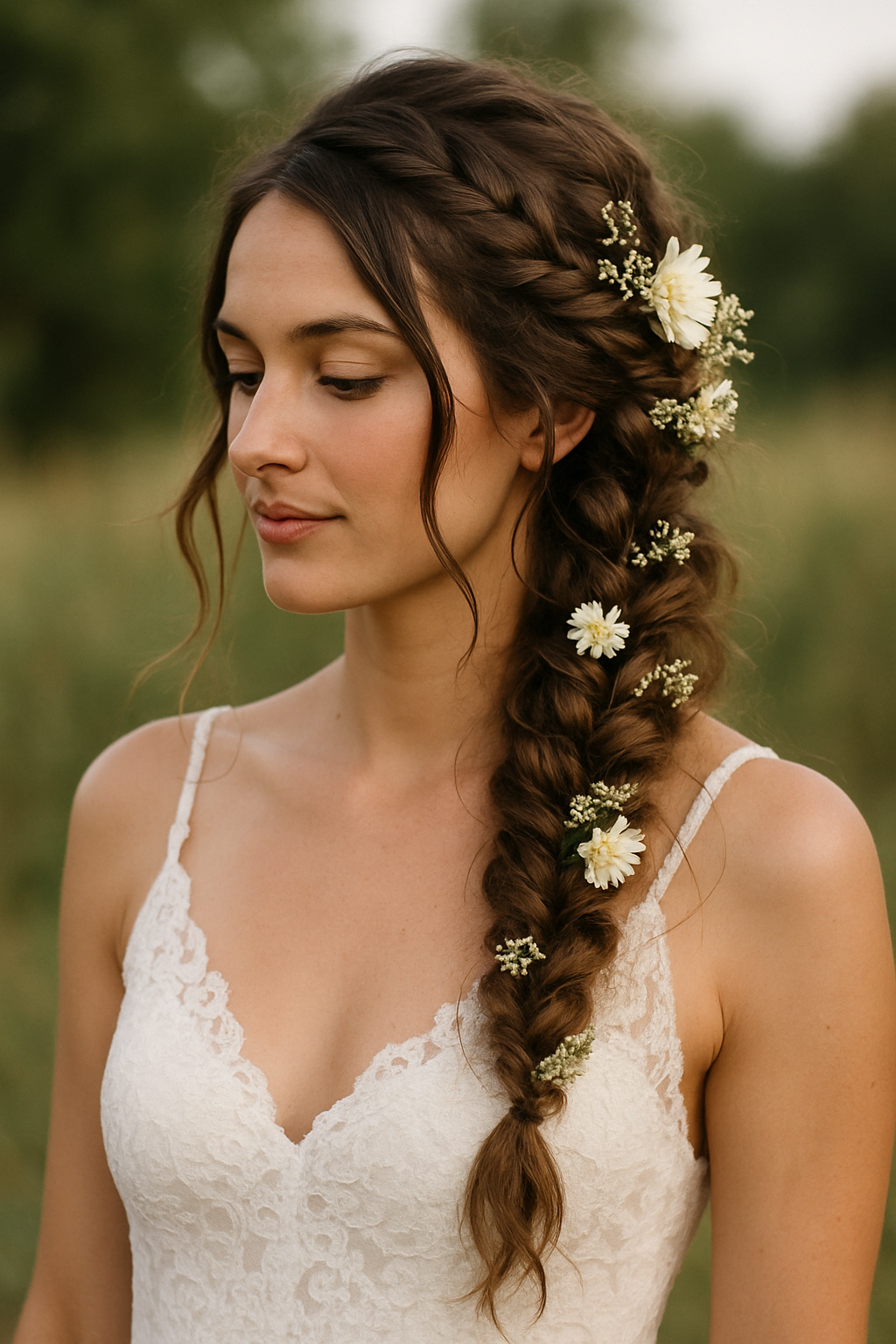 A bride with a bohemian braid hairstyle adorned with flowers, wearing a lace wedding dress.