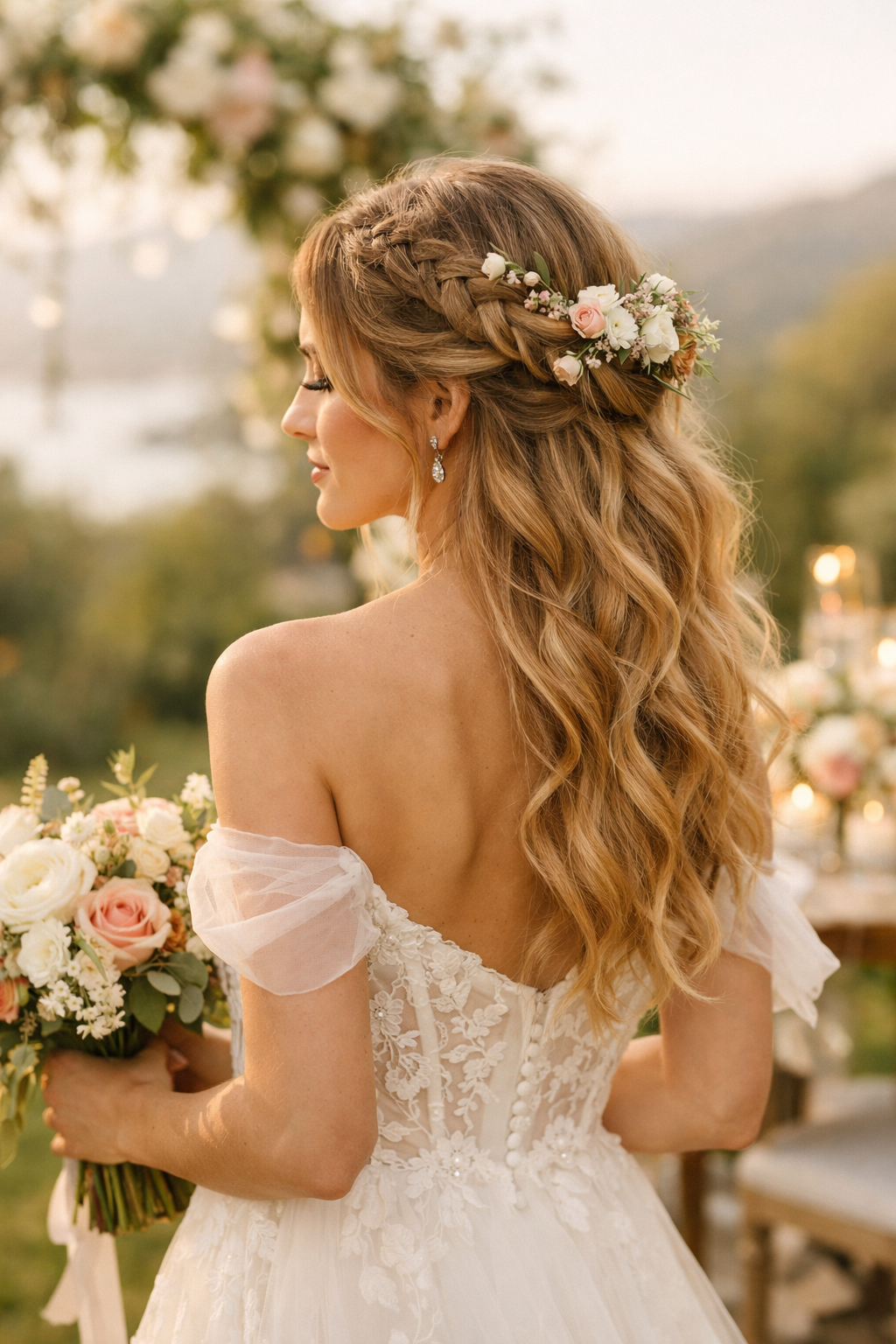 A woman with medium hair styled in a bohemian braided crown, complemented by flowers and a wedding dress.