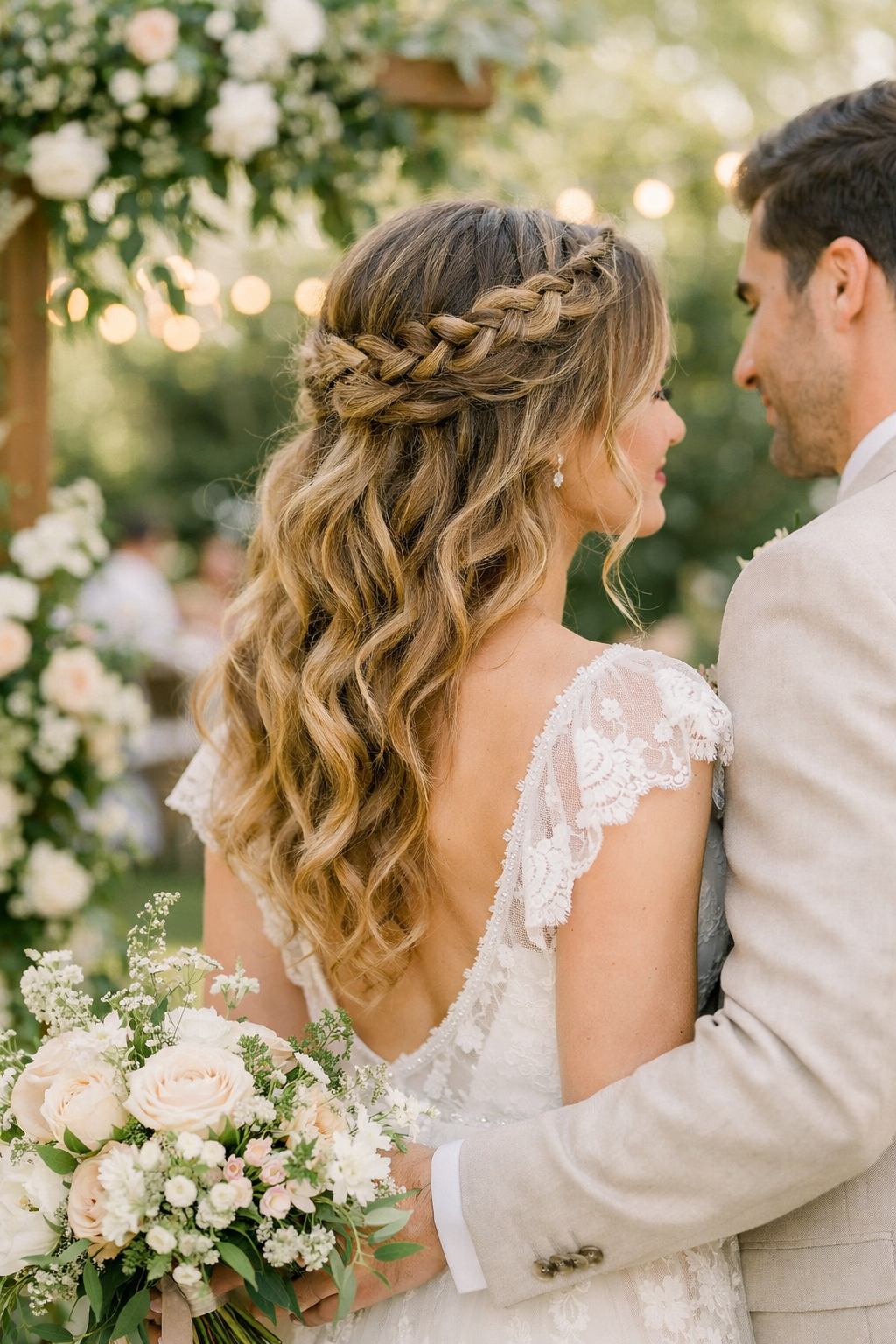 A woman at a wedding wearing a bohemian braided crown with curls, holding a bouquet.