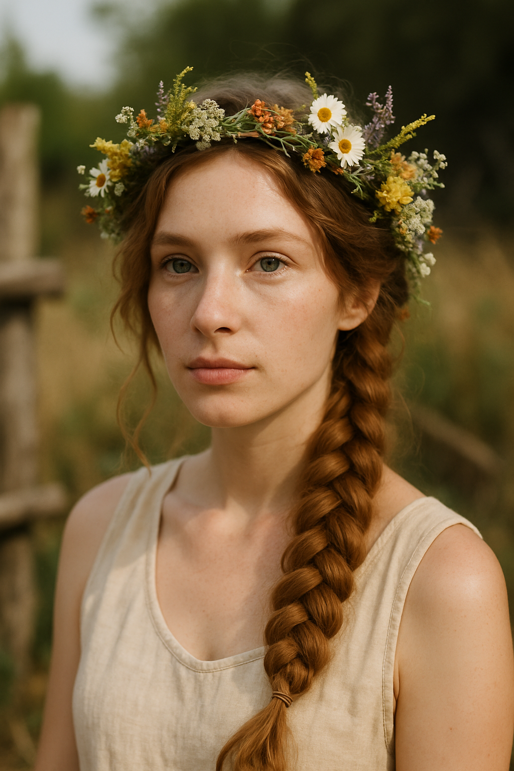 A woman with a long braid and a wildflower crown, showcasing a bohemian wedding hairstyle.