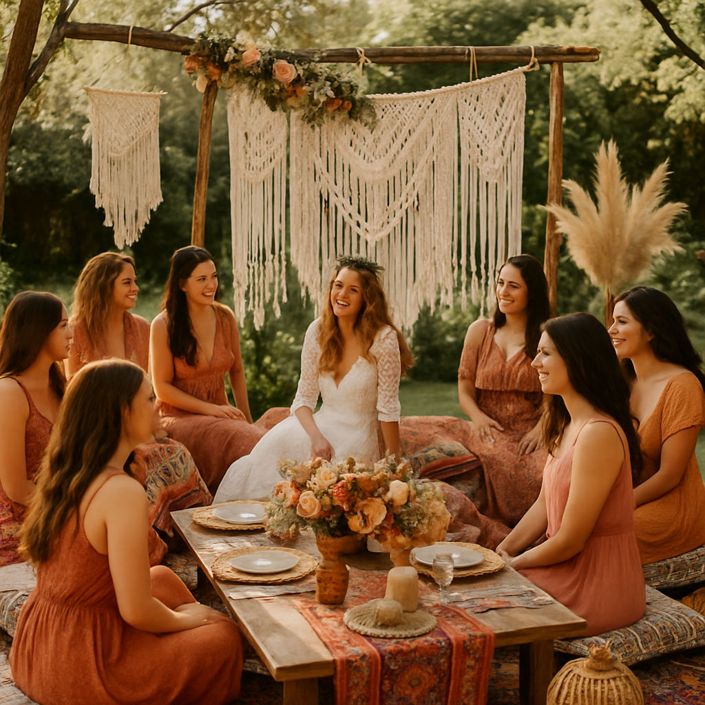 A bohemian chic bridal shower scene with a bride in a white gown surrounded by friends in earthy tones, decorated with macramé and flowers.