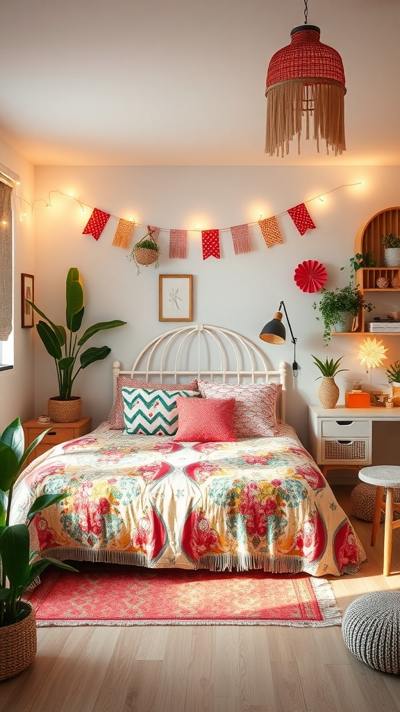 A cozy teen bedroom with bohemian decor featuring a colorful bedspread, decorative pillows, plants, and soft lighting.