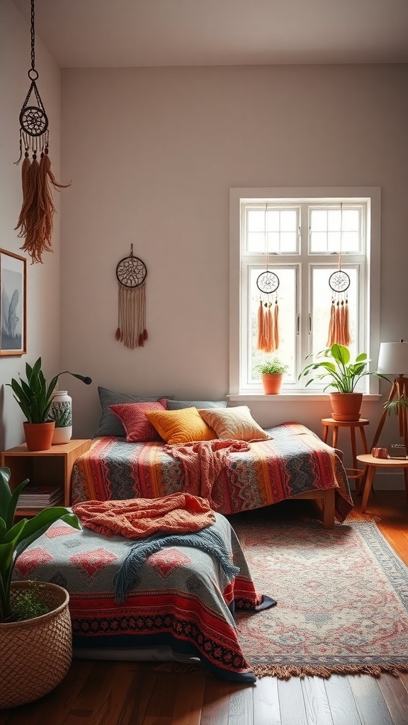A cozy teen bedroom decorated in bohemian chic style, featuring vibrant bedding, dreamcatchers, and plants.