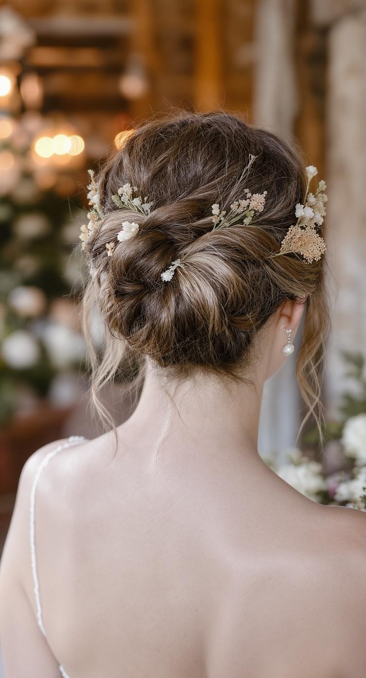 A woman with a bohemian curly bun hairstyle adorned with flowers, viewed from the back.