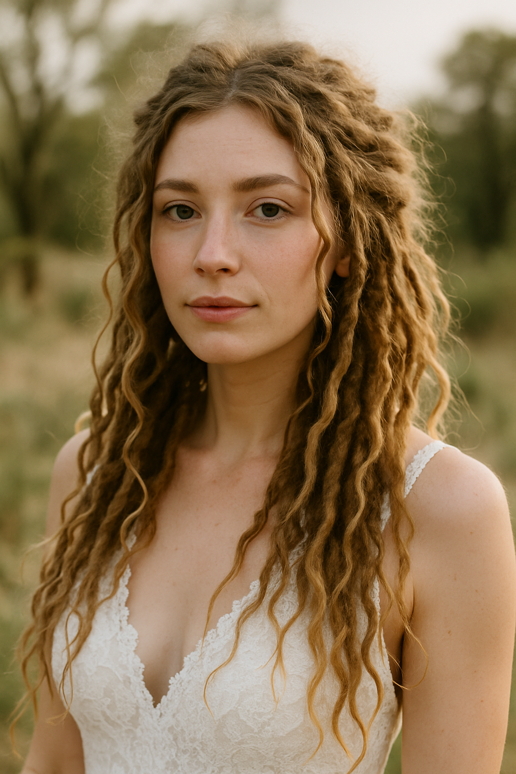 Bride with dreadlock waves wearing a lace wedding dress